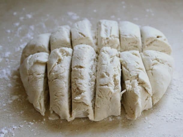 Gluten-Free Soft Pretzel dough cut into 12 pieces.