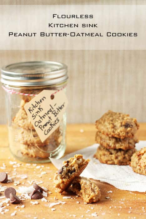 Kitchen Sink Oatmeal Peanut Butter cookies on wood cutting board.