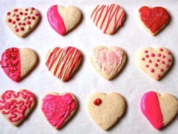 Decorated gluten-free sugar cookie hearts.