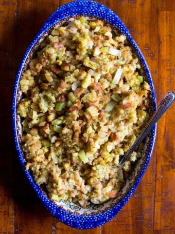 Gluten-free stuffing in a blue dish.