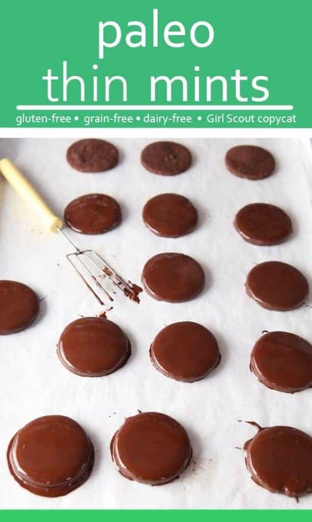 Text on Image: Paleo thin mints. Image shows paleo thin mints cookies dipped in chocolate on parchment paper.