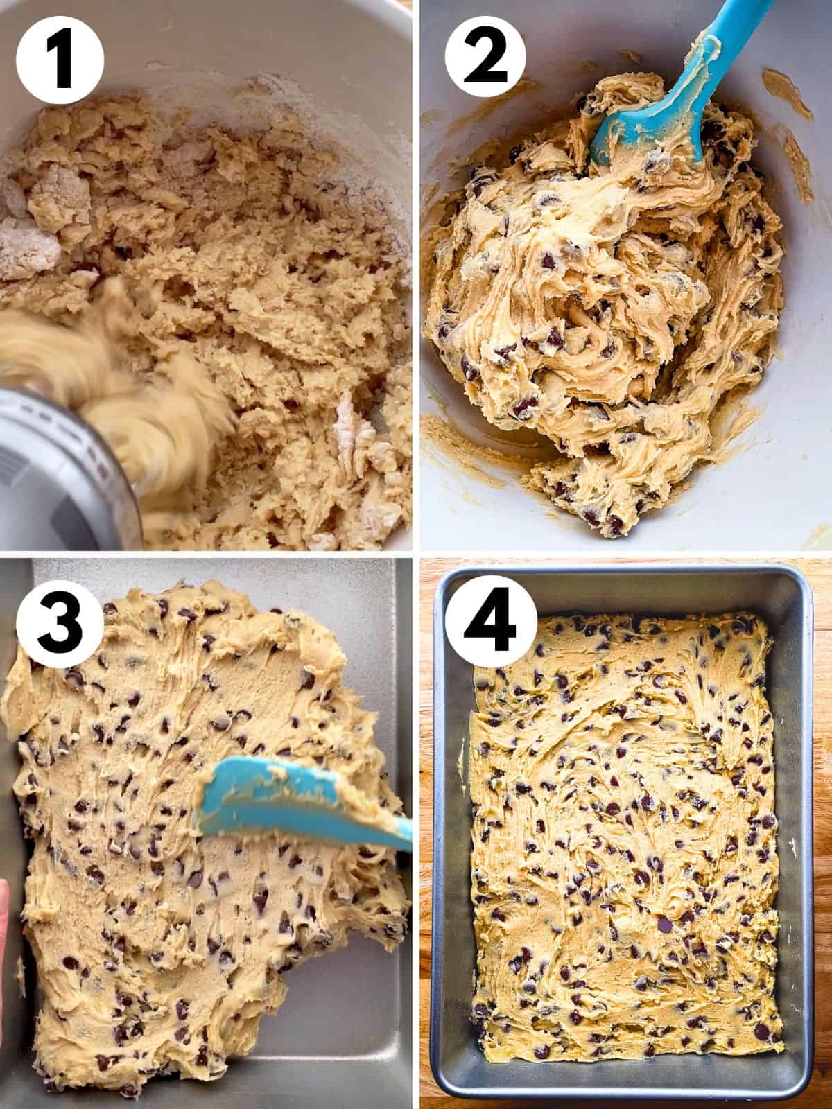 1. Mixing gluten-free chocolate chip cookie bar dough. 2. The dough with chocolate chips. 3. Spreading the dough into a pan. 4. The dough spread evenly into the pan.