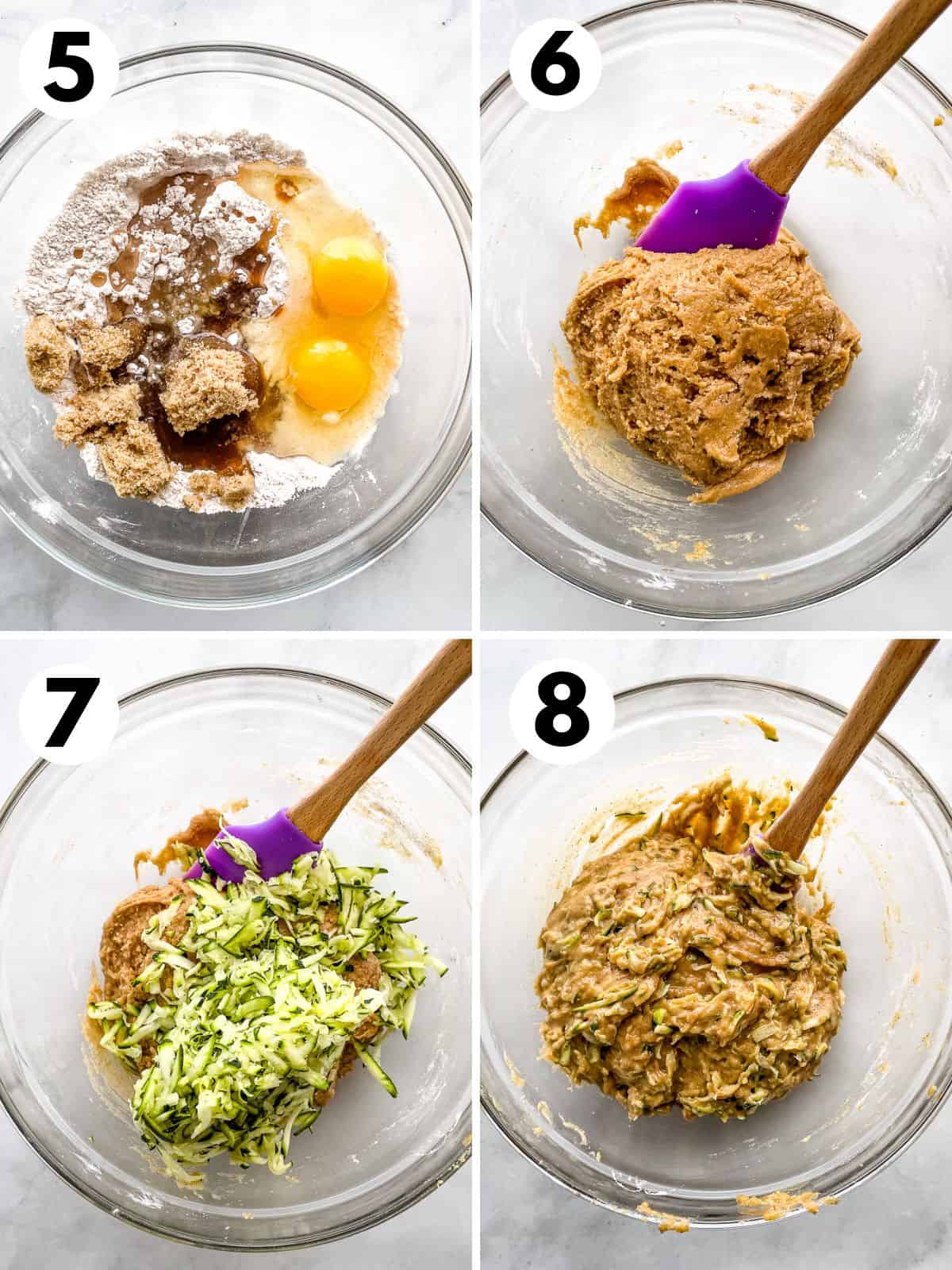 Steps 5 through 8 of making gluten-free zucchini bread. 5. Adding wet ingredients. 6. Mixing together the thick batter. 7. Adding the shredded zucchini. 8. Letting the batter rest in the bowl.