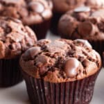 Gluten-free chocolate muffins, topped with chocolate chips, sit on a plate.