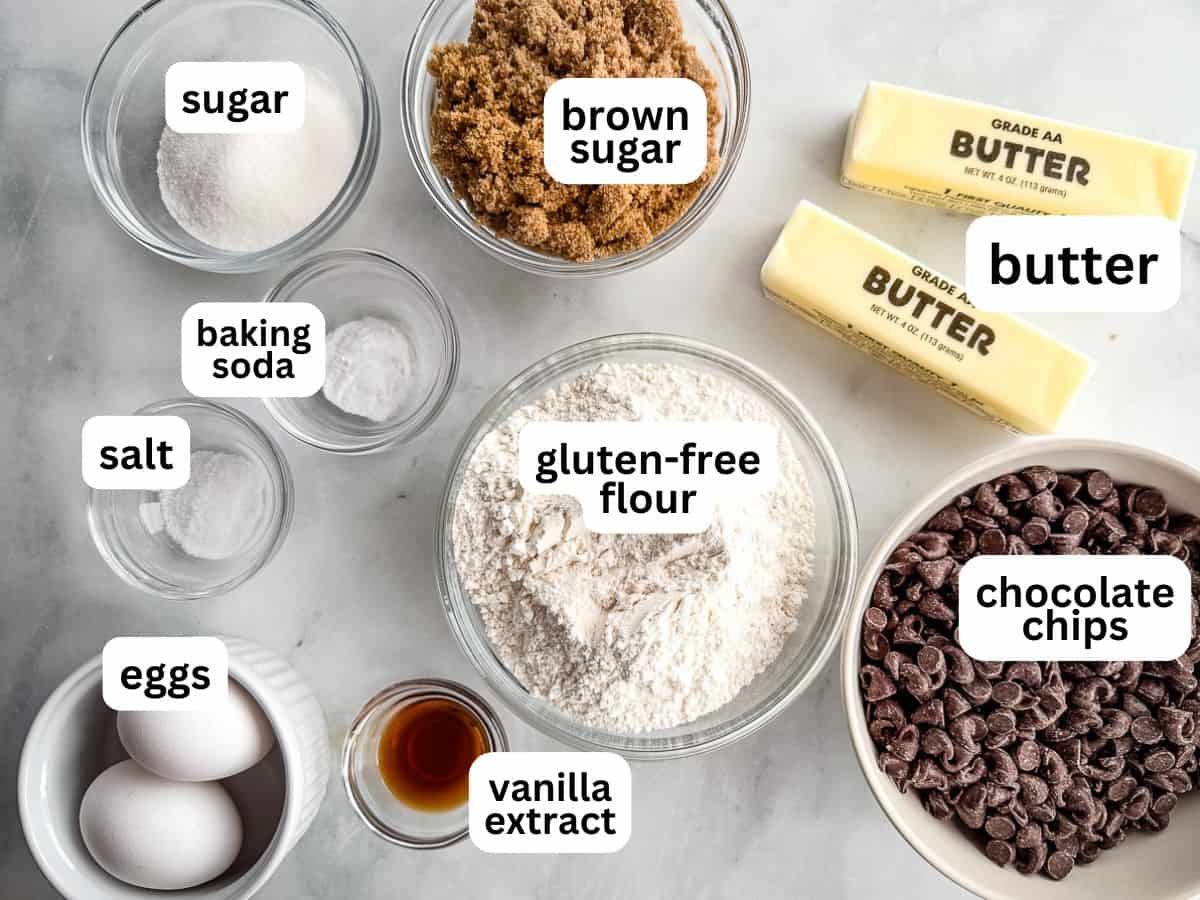Gluten-free chocolate chip cookie bar ingredients in bowls on the counter.