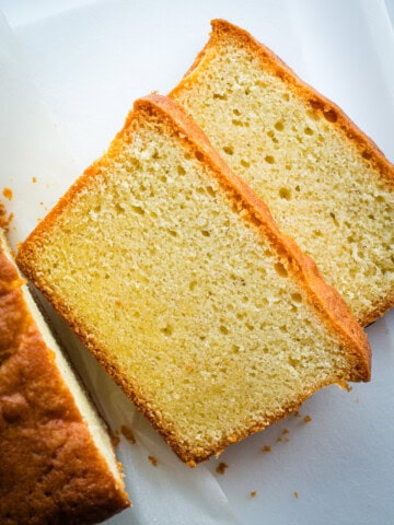 Two slices of gluten-free pound cake.
