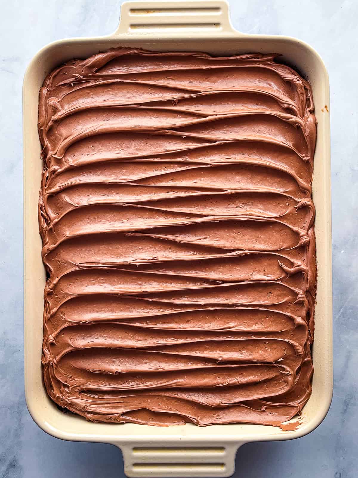 Gluten-free, egg-free chocolate cake frosted with milk chocolate frosting in a cake pan.