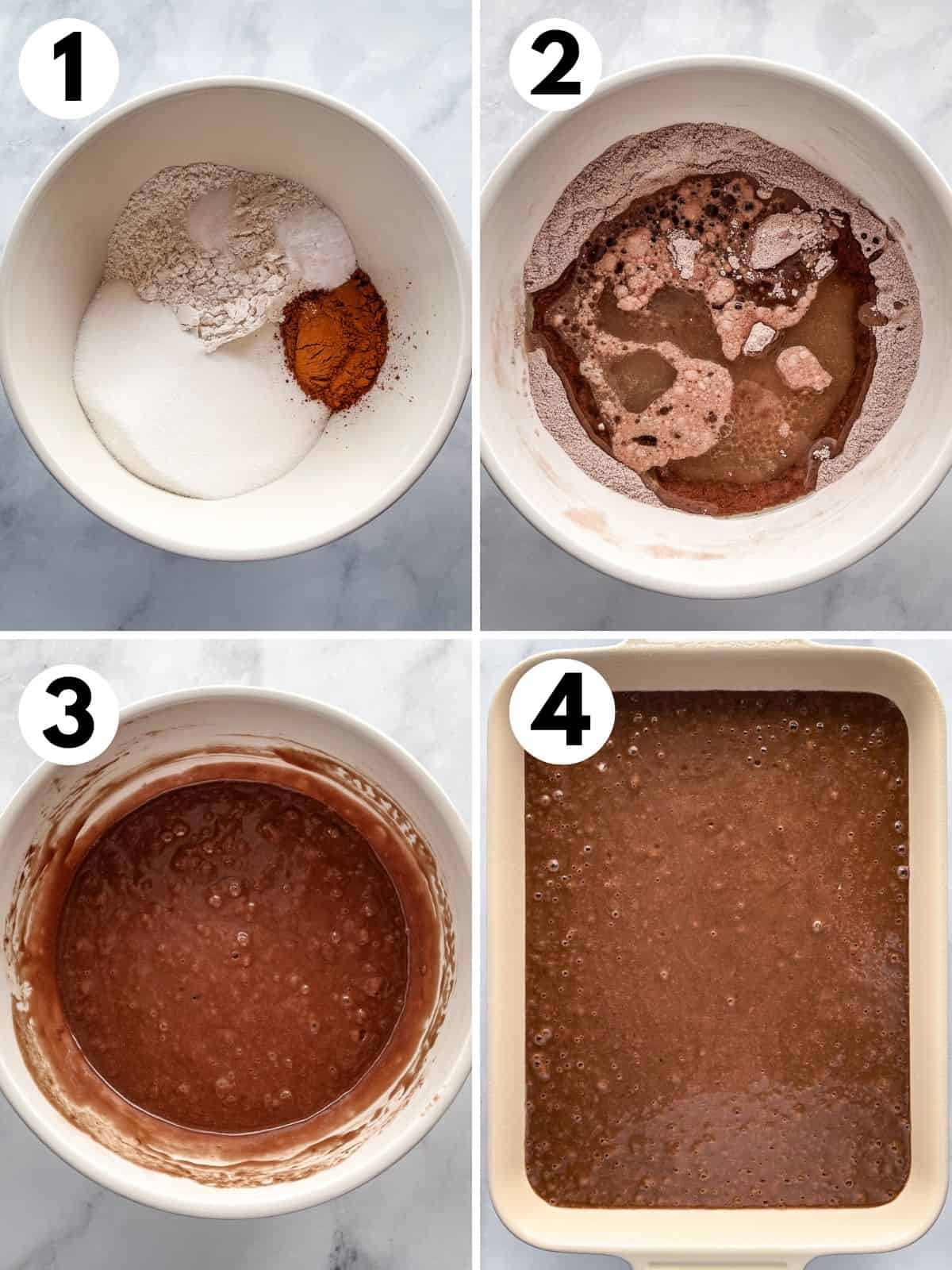 1. Dry ingredients for a gluten-free and egg-free chocolate cake in a bowl. 2. Wet ingredients added. 3. The bake batter. 4. The cake batter in a 9x13-inch cake pan.