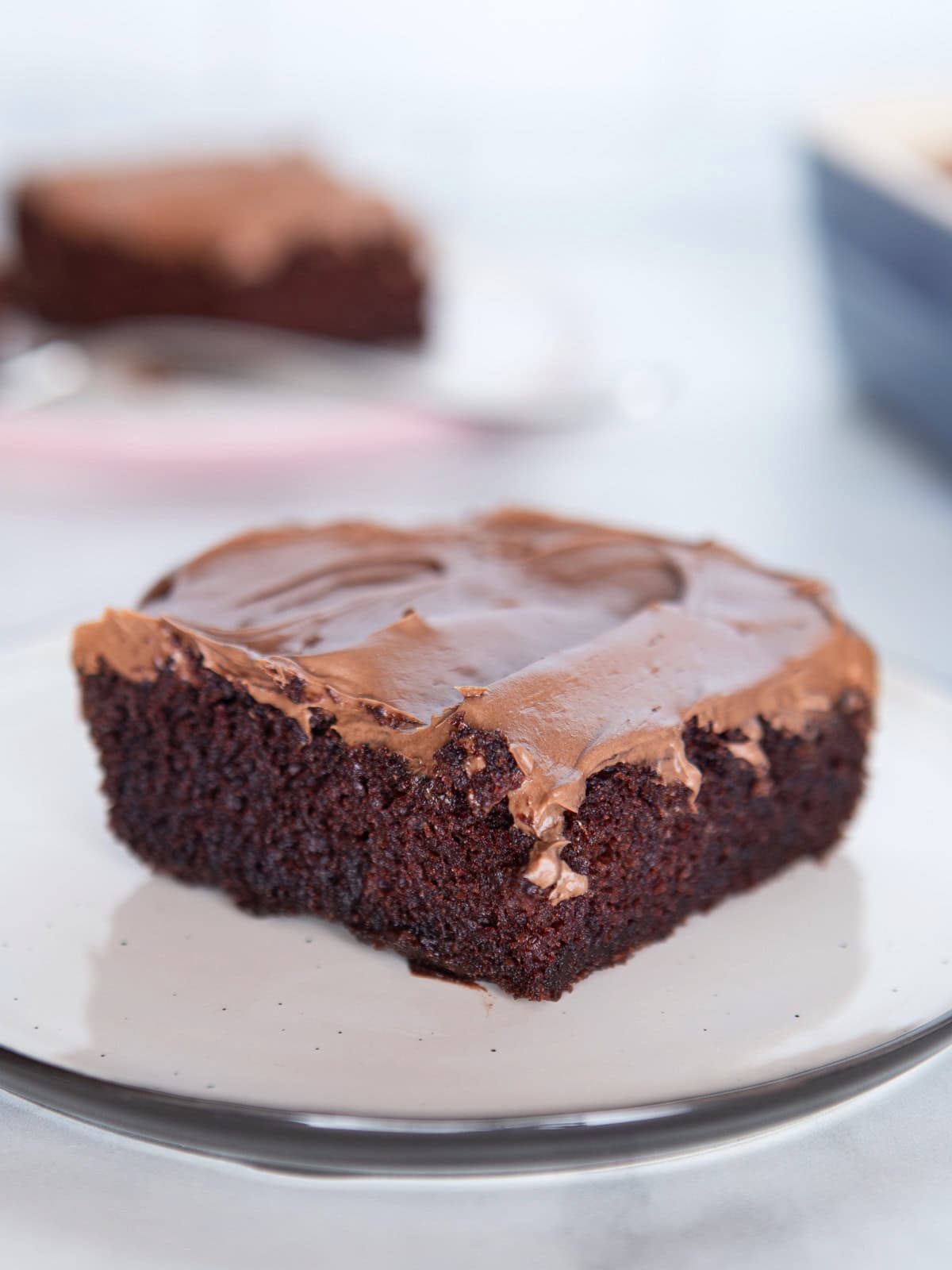 Slice of gluten-free and egg free chocolate cake with chocolate frosting on a plate.