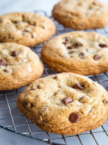Large gluten-free chocolate chip cookies sitting on a cooling rack.