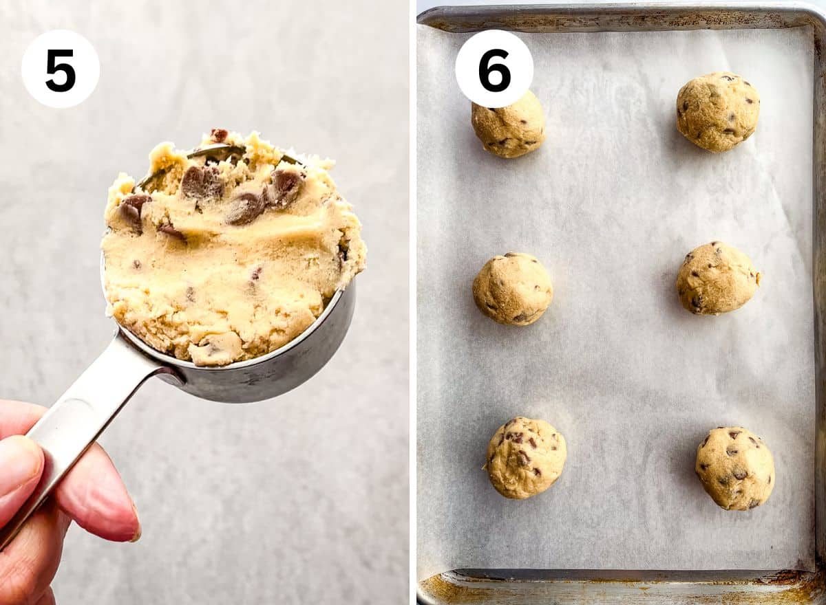 (left) Gluten-free chocolate chip cookie dough in a measuring cup. (right) Six gluten-free cookie dough balls on a baking sheet.