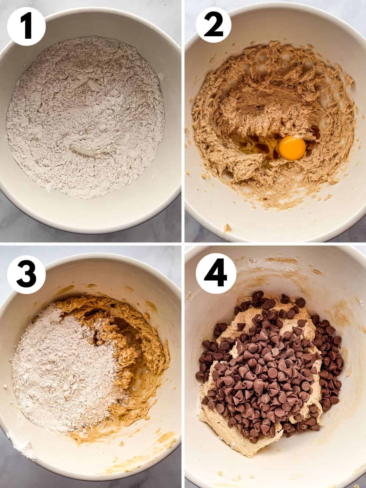 1. Whisked gluten-free flour mixture in a bowl. 2. Creamed butter and sugars with an egg on top. 3. Adding gluten-free flour to the butter-sugar mixture. 4. Chocolate chips sitting on top of gluten-free chocolate chip cookie dough.