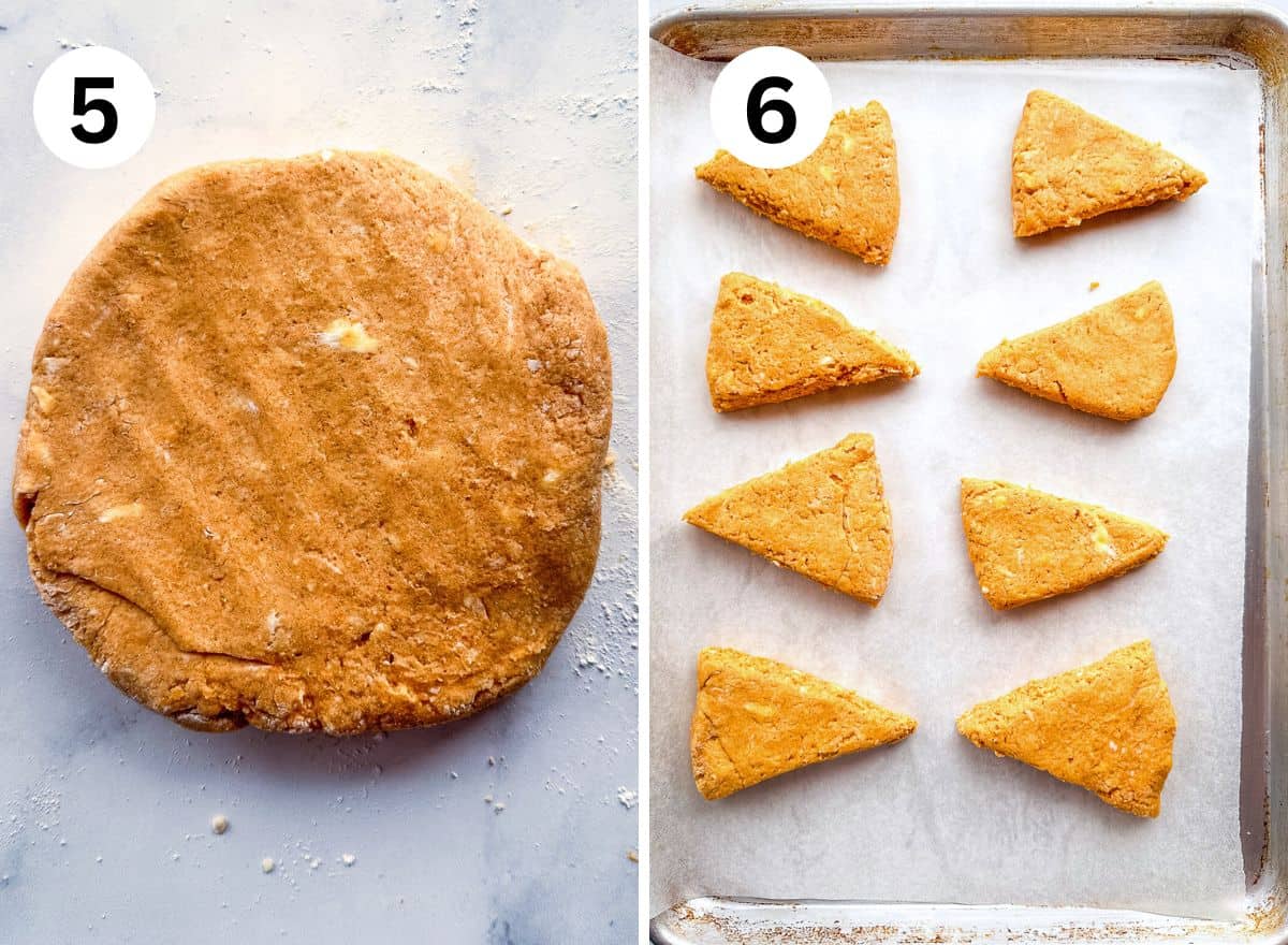 5. Gluten-free pumpkin scone dough patted into a round on a floured counter. 6. Scone dough cut into triangles on a baking sheet.