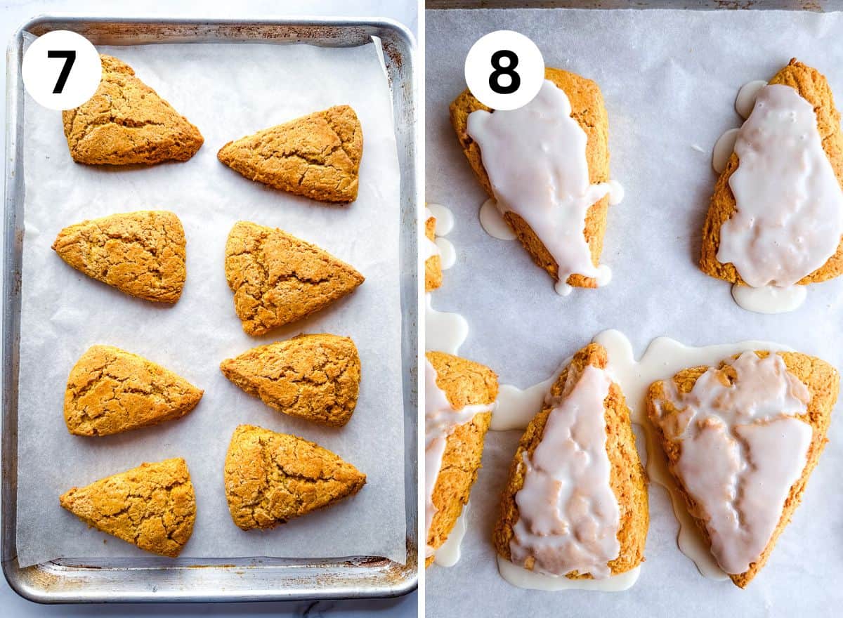 7. Baked gluten-free pumpkin scones on a baking sheet. 8. Glazed pumpkin scones on a baking sheet.