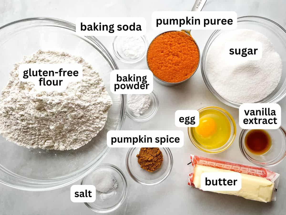 Ingredients for gluten-free soft pumpkin cookies measured and placed on the counter in bowls. The pumpkin puree is in a measuring cup. The butter is unwrapped and sits on the butter wrapper.