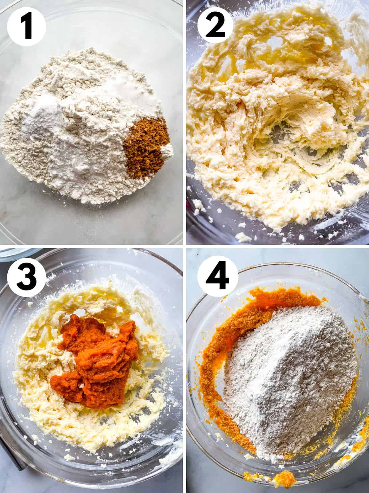 Steps for mixing gluten-free soft pumpkin cookies. 1. Dry ingredients in a small glass bowl. 2. Butter and sugar creamed together in medium bowl. 3. Pumpkin puree sits on the creamed butter sugar mixture. 4. The whisked gluten-free flour sits on the mixed pumpkin-butter-sugar mixture.