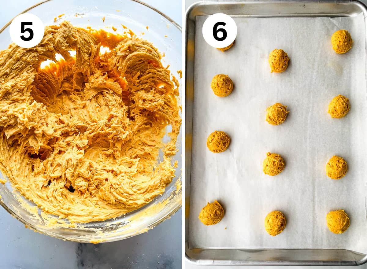 Steps five and six of mixing gluten-free soft pumpkin cookies. 5. The soft dough is mixed in a glass bowl. 6. The cookies are scooped onto a parchment-lined baking sheet.