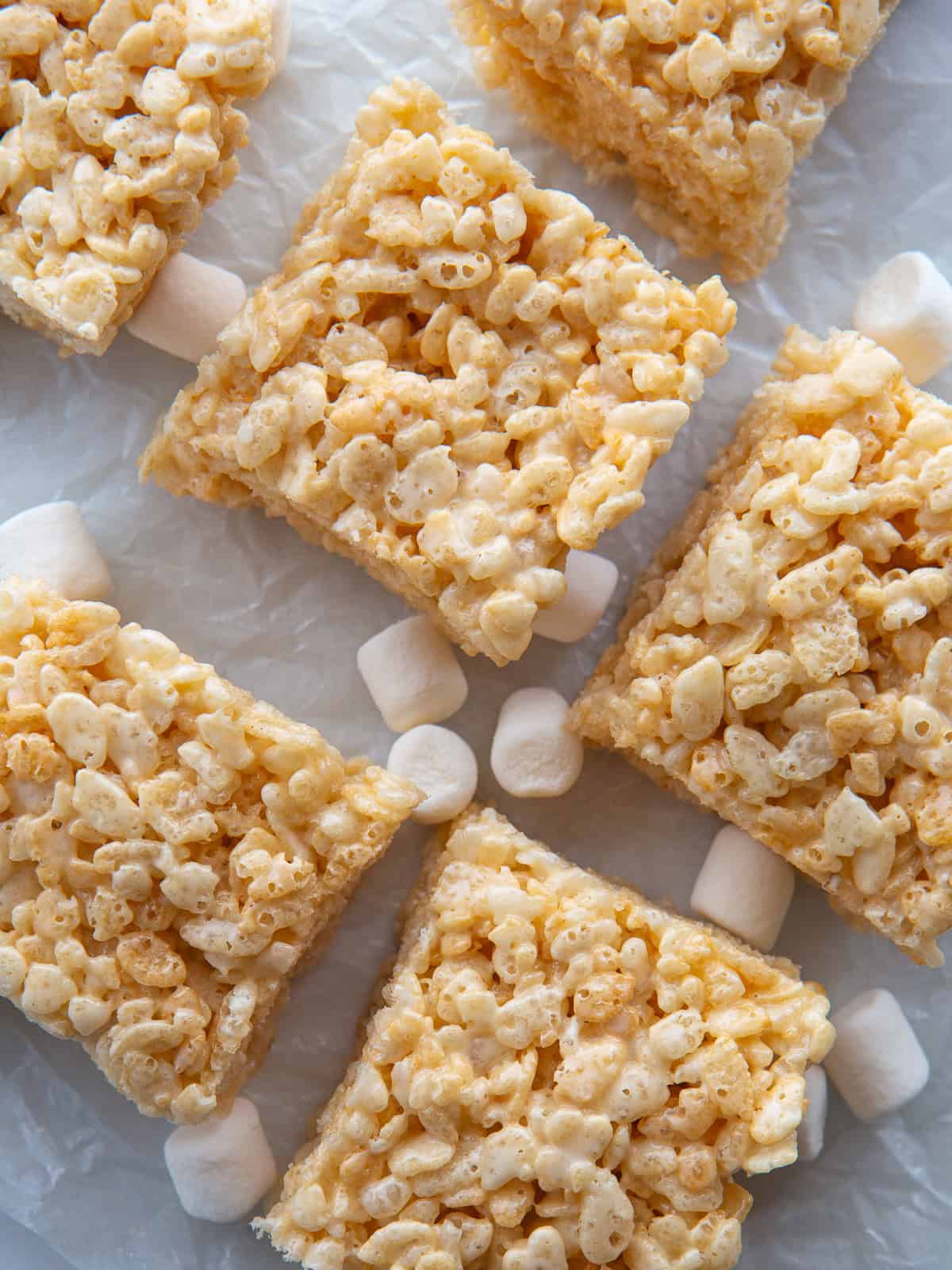 Gluten-free marshmallow crispy treats cut into squares.