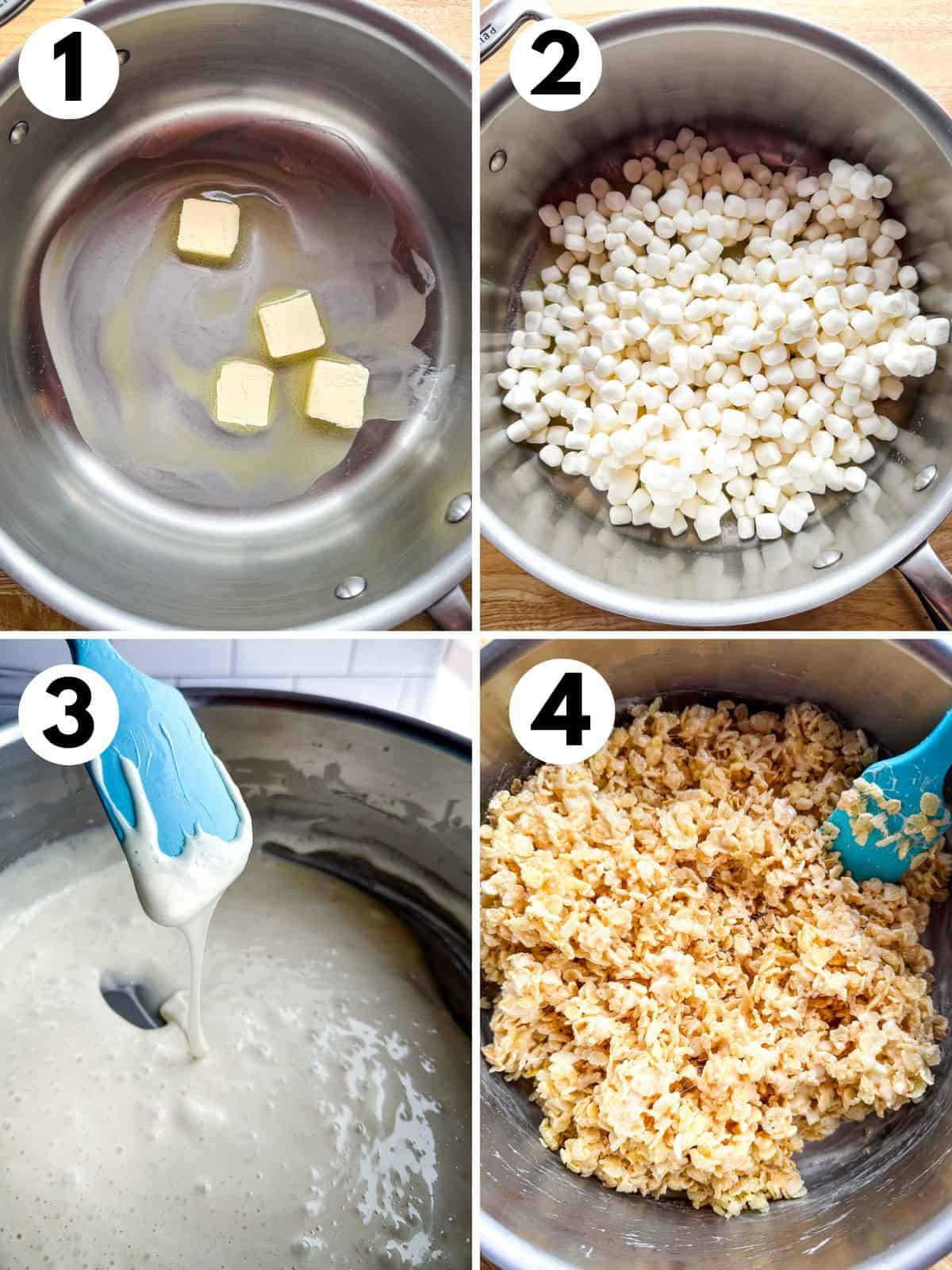 1. Four tablespoons of butter starting to melt in a pan. 2. Mini-marshmallows in the pan. 3. The marshmallows are melted and creamy. 4. Marshmallow crispy rice mixture.